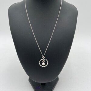 Silver Heart Pendant Necklace With Dangling Pearl Fine Chain